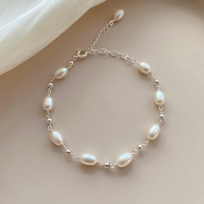 Real Freshwater Pearl Bracelet,Real Pearl Beaded Bracelet,Silver Bridal Bracelet,Minimalist Bracelet,Bridesmaid Gift,Wedding Jewelry Set