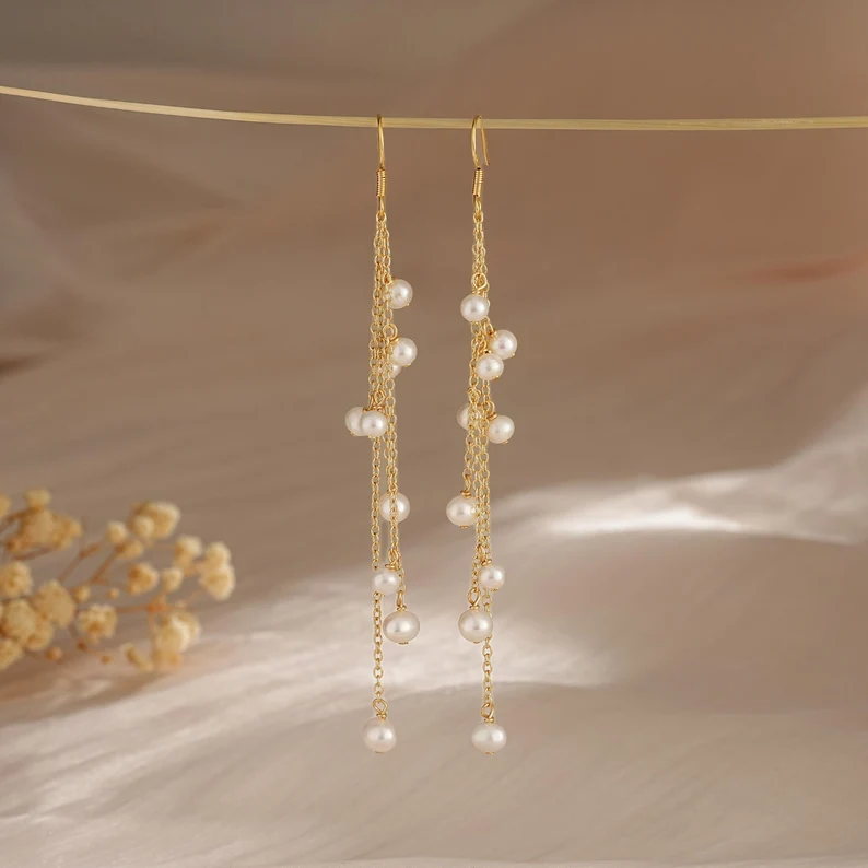 Natural Freshwater Pearl Tassel Earrings,Multiple Pearls Earrings,Gold Drop Earrings,Long Dangle Earrings,Pearl Necklace,Pearl Jewelry Set