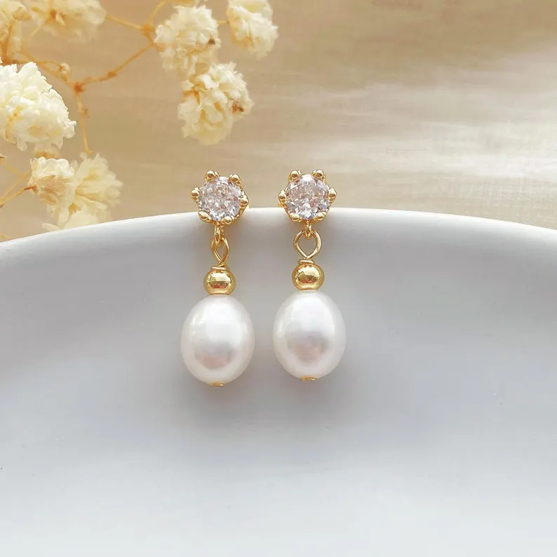 Diamond Pearl Stud Earrings,Freshwater Pearl Earrings,Gold Drop Earrings,Bridal Earrings,Wedding Earrings,Bridesmaid Gift