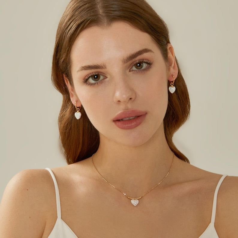 Baroque Pearl Heart Earrings,Gold Pearl Hoop Earrings,Pearl Drop Earrings,Bridal Earrings,Wedding Earrings,Pearl Jewelry Set,Heart Necklace