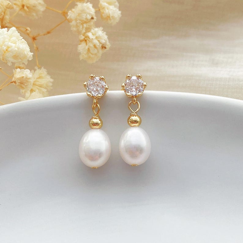 Diamond Pearl Stud Earrings,Freshwater Pearl Earrings,Gold Drop Earrings,Bridal Earrings,Wedding Earrings,Bridesmaid Gift