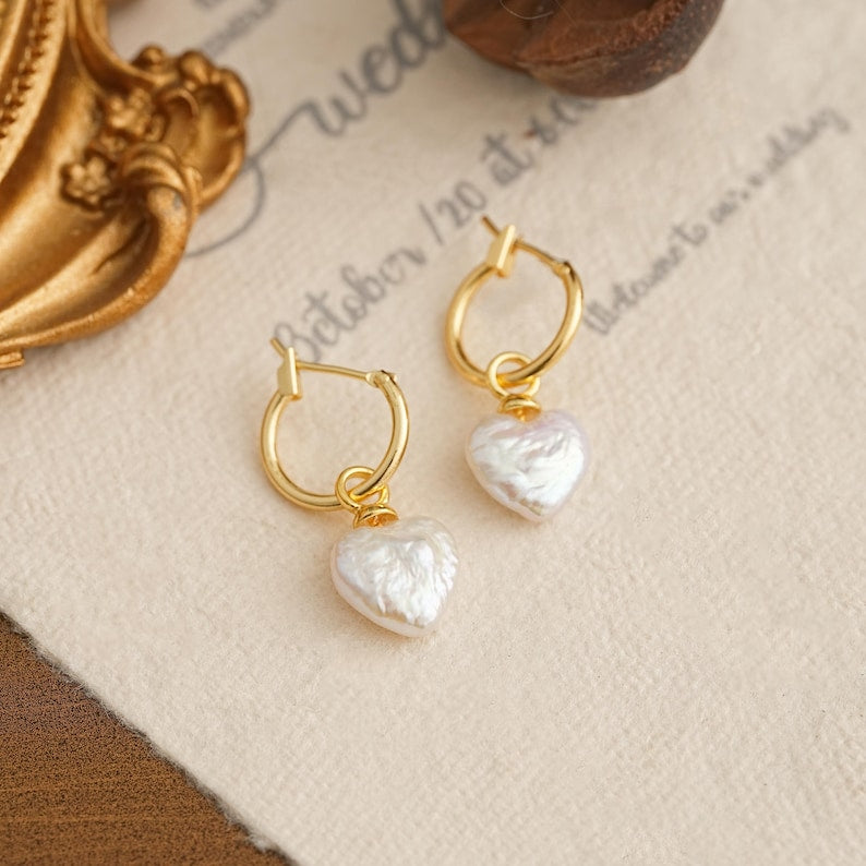 Baroque Pearl Heart Earrings,Gold Pearl Hoop Earrings,Pearl Drop Earrings,Bridal Earrings,Wedding Earrings,Pearl Jewelry Set,Heart Necklace