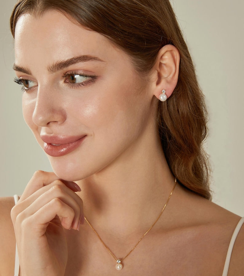 Silver Diamond Pearl Earrings,Natural Freshwater Pearl Stud Earrings,Crystal Pearl Earrings,Bridal Earrings,Wedding Earrings,Bridesmaid Gift