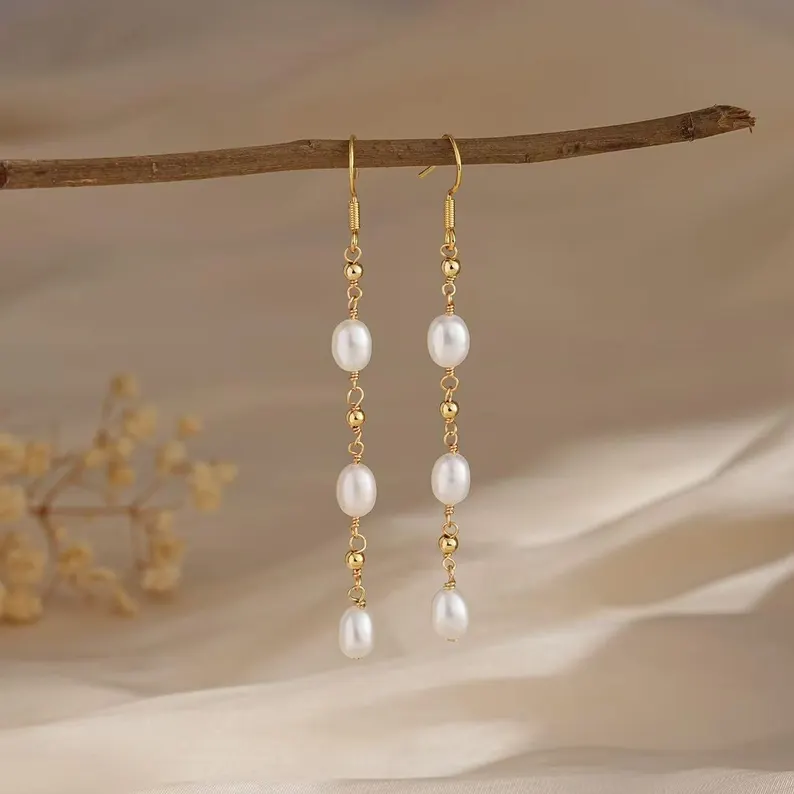 Real Freshwater Pearl Drop Earrings,Dainty Dangle Pearl Earrings,Gold Long Pearl Earrings,Bridal Earrings,Wedding Earrings,Pearl Jewelry Set