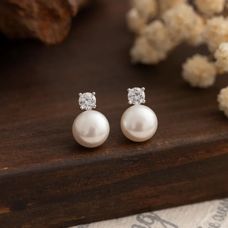 Silver Diamond Pearl Earrings,Natural Freshwater Pearl Stud Earrings,Crystal Pearl Earrings,Bridal Earrings,Wedding Earrings,Bridesmaid Gift
