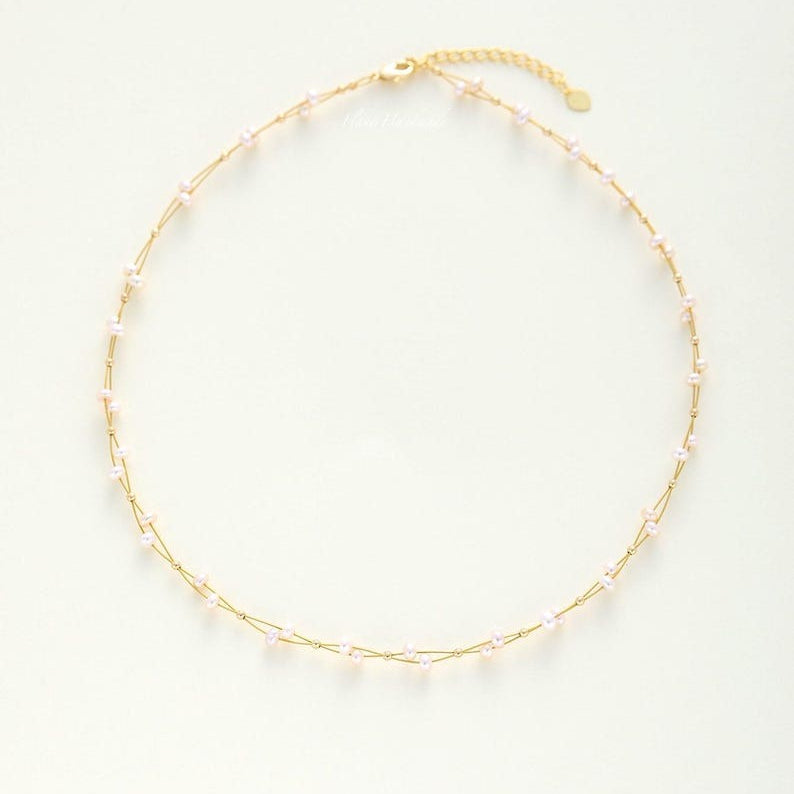Freshwater Pearl Wreath Necklace, Dainty Gold Jewelry, Minimalist Pearl Wedding Jewelry, Bridal Necklace Gift, Everyday Pearl Necklace