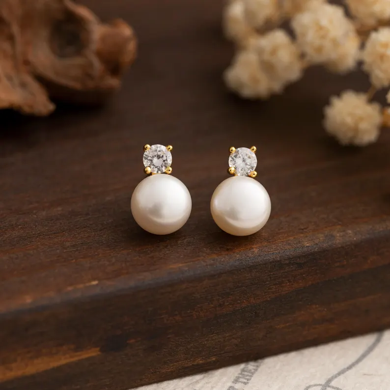 Silver Diamond Pearl Earrings,Natural Freshwater Pearl Stud Earrings,Crystal Pearl Earrings,Bridal Earrings,Wedding Earrings,Bridesmaid Gift
