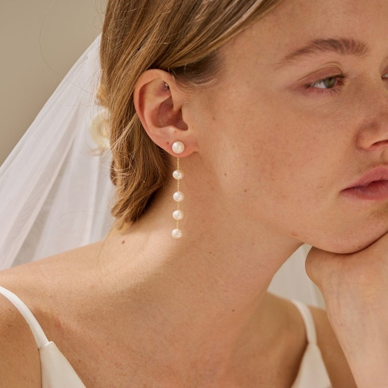 Pearl Drop Earrings, Gold Dangle Earrings, Freshwater Pearls, 5 Pearls Earrings, Long Pearls Earrings, Bridesmaid Gift for Her, Wedding Gift