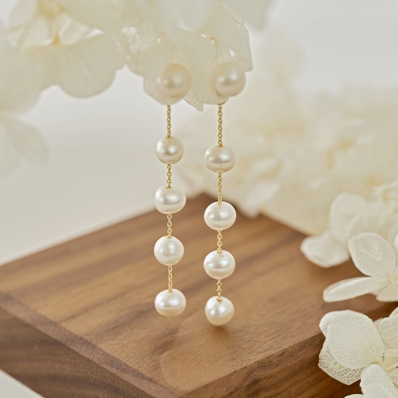 Pearl Drop Earrings, Gold Dangle Earrings, Freshwater Pearls, 5 Pearls Earrings, Long Pearls Earrings, Bridesmaid Gift for Her, Wedding Gift