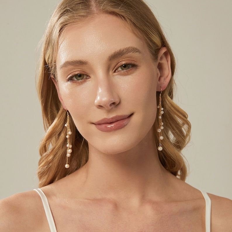 Natural Freshwater Pearl Tassel Earrings,Multiple Pearls Earrings,Gold Drop Earrings,Long Dangle Earrings,Pearl Necklace,Pearl Jewelry Set