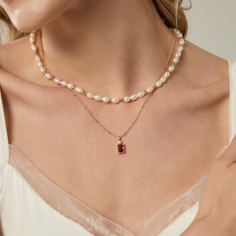Natural Freshwater Pearl Necklace,Double Layer Pearl Necklace Choker,Ruby Necklace,Gold Beaded Necklace,Wedding Necklace,Bridesmaid Gifts