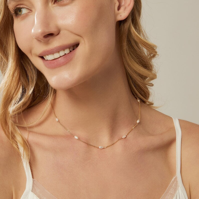 Freshwater Pearl Necklace,Minimalist Pearl Necklace,Multiple Pearl Necklace,Bridal Necklace,Chain Necklace,Wedding Necklace,Bridesmaid Gift