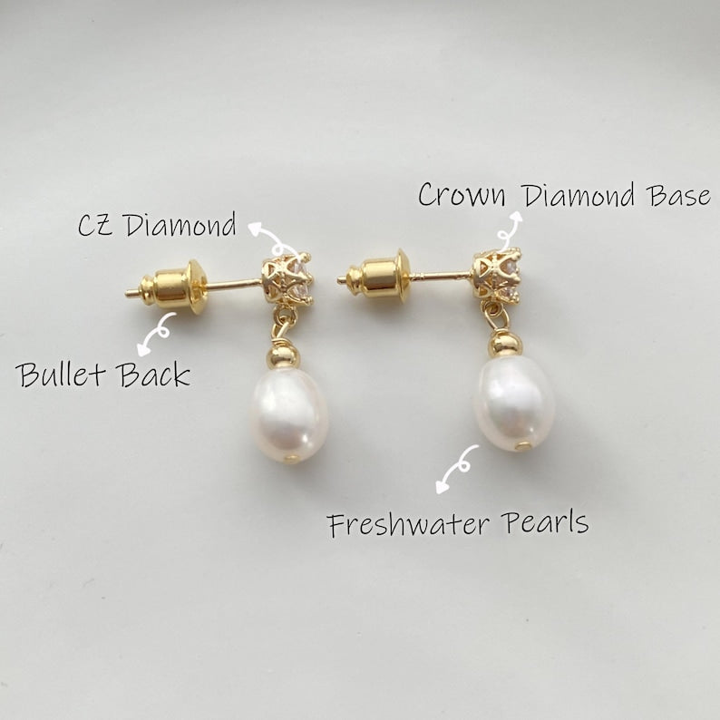 Diamond Pearl Stud Earrings,Freshwater Pearl Earrings,Gold Drop Earrings,Bridal Earrings,Wedding Earrings,Bridesmaid Gift