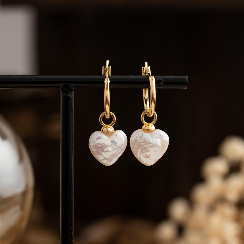 Baroque Pearl Heart Earrings,Gold Pearl Hoop Earrings,Pearl Drop Earrings,Bridal Earrings,Wedding Earrings,Pearl Jewelry Set,Heart Necklace