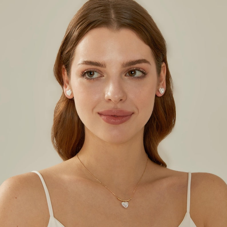 Baroque Pearl Heart Earrings,Gold Pearl Hoop Earrings,Pearl Drop Earrings,Bridal Earrings,Wedding Earrings,Pearl Jewelry Set,Heart Necklace
