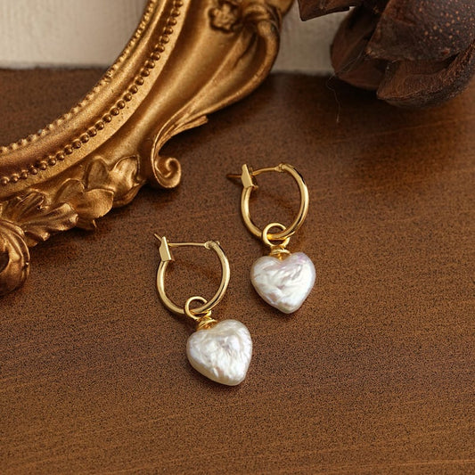 Baroque Pearl Heart Earrings,Gold Pearl Hoop Earrings,Pearl Drop Earrings,Bridal Earrings,Wedding Earrings,Pearl Jewelry Set,Heart Necklace