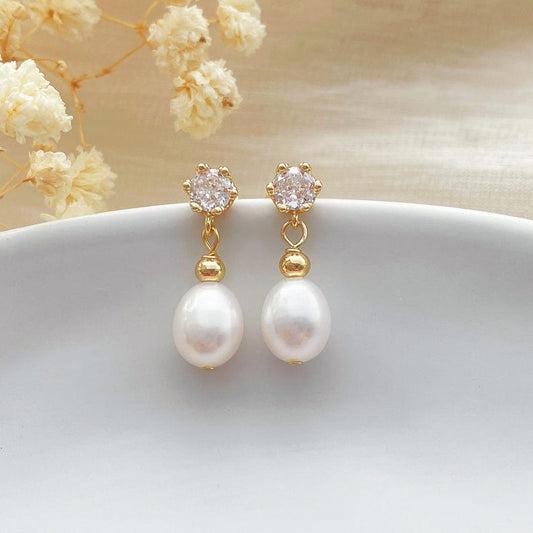 Diamond Pearl Stud Earrings,Freshwater Pearl Earrings,Gold Drop Earrings,Bridal Earrings,Wedding Earrings,Bridesmaid Gift