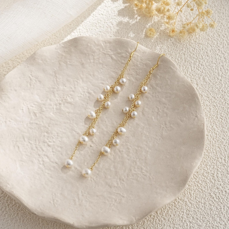 Natural Freshwater Pearl Tassel Earrings,Multiple Pearls Earrings,Gold Drop Earrings,Long Dangle Earrings,Pearl Necklace,Pearl Jewelry Set