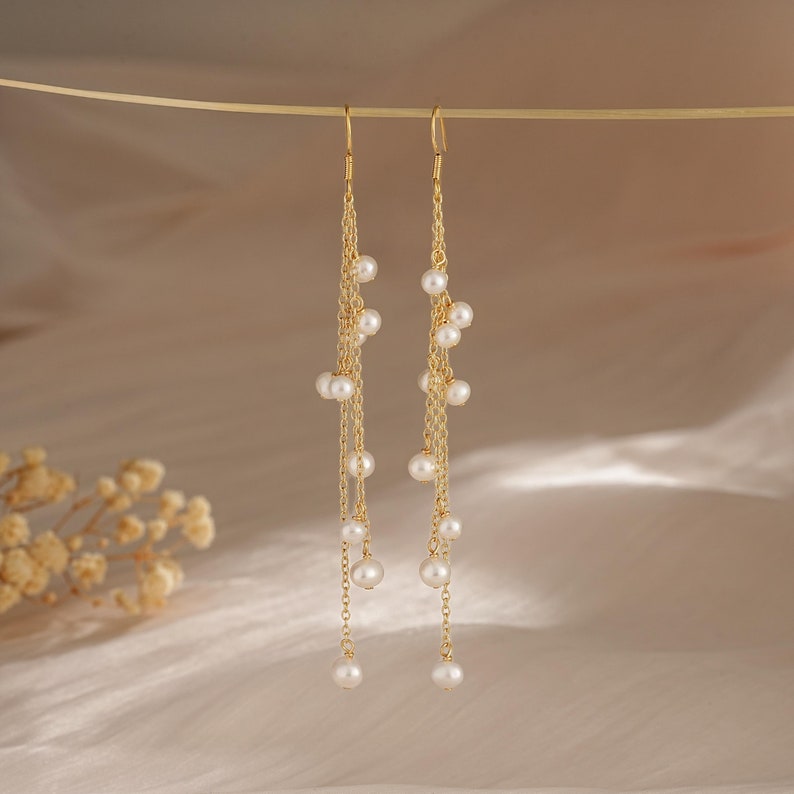 Natural Freshwater Pearl Tassel Earrings,Multiple Pearls Earrings,Gold Drop Earrings,Long Dangle Earrings,Pearl Necklace,Pearl Jewelry Set