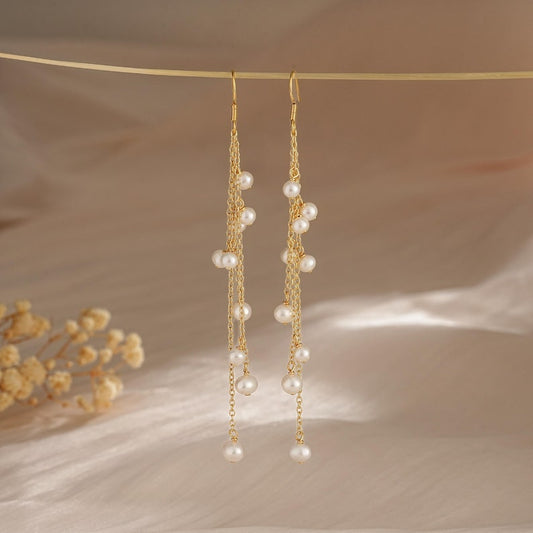 Natural Freshwater Pearl Tassel Earrings,Multiple Pearls Earrings,Gold Drop Earrings,Long Dangle Earrings,Pearl Necklace,Pearl Jewelry Set