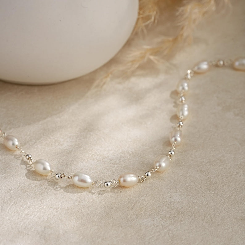 Real Freshwater Pearl Bracelet,Real Pearl Beaded Bracelet,Silver Bridal Bracelet,Minimalist Bracelet,Bridesmaid Gift,Wedding Jewelry Set