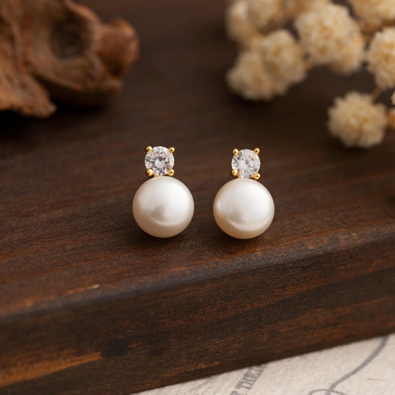 Silver Diamond Pearl Earrings,Natural Freshwater Pearl Stud Earrings,Crystal Pearl Earrings,Bridal Earrings,Wedding Earrings,Bridesmaid Gift