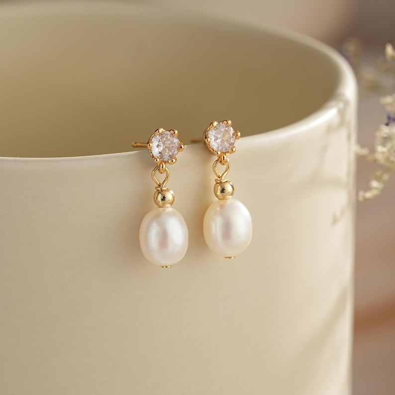 Diamond Pearl Stud Earrings,Freshwater Pearl Earrings,Gold Drop Earrings,Bridal Earrings,Wedding Earrings,Bridesmaid Gift