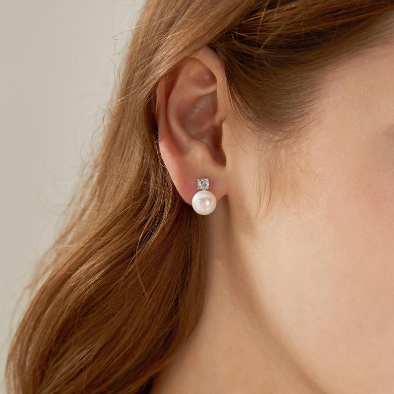 Silver Diamond Pearl Earrings,Natural Freshwater Pearl Stud Earrings,Crystal Pearl Earrings,Bridal Earrings,Wedding Earrings,Bridesmaid Gift